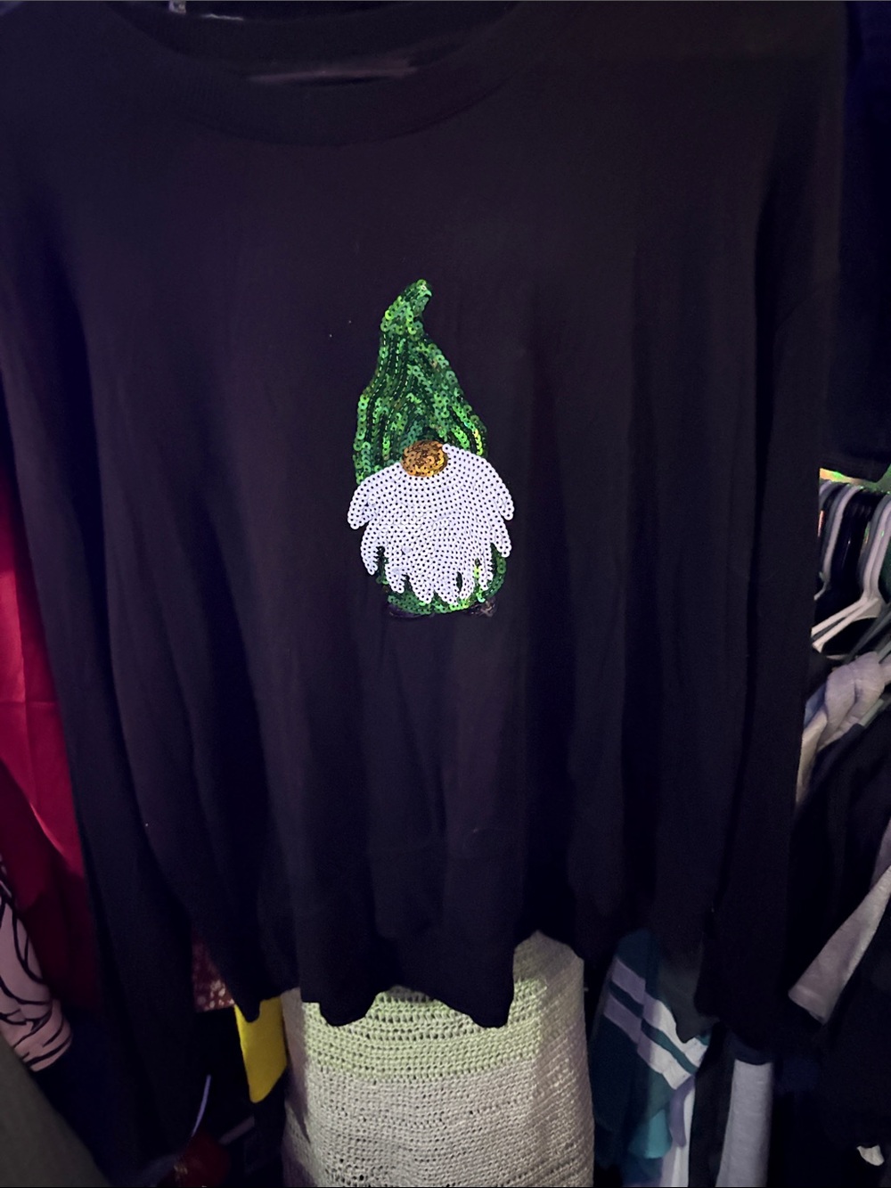 Cynthia Rowley Black Crewneck Sweater with Green & White Sequin Gnome